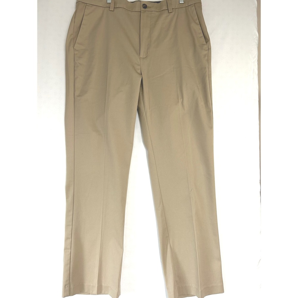 Roundtree & Yorke Total Flex Mens 38x32 Khaki Tan Flat Front Chino Pants Stretch